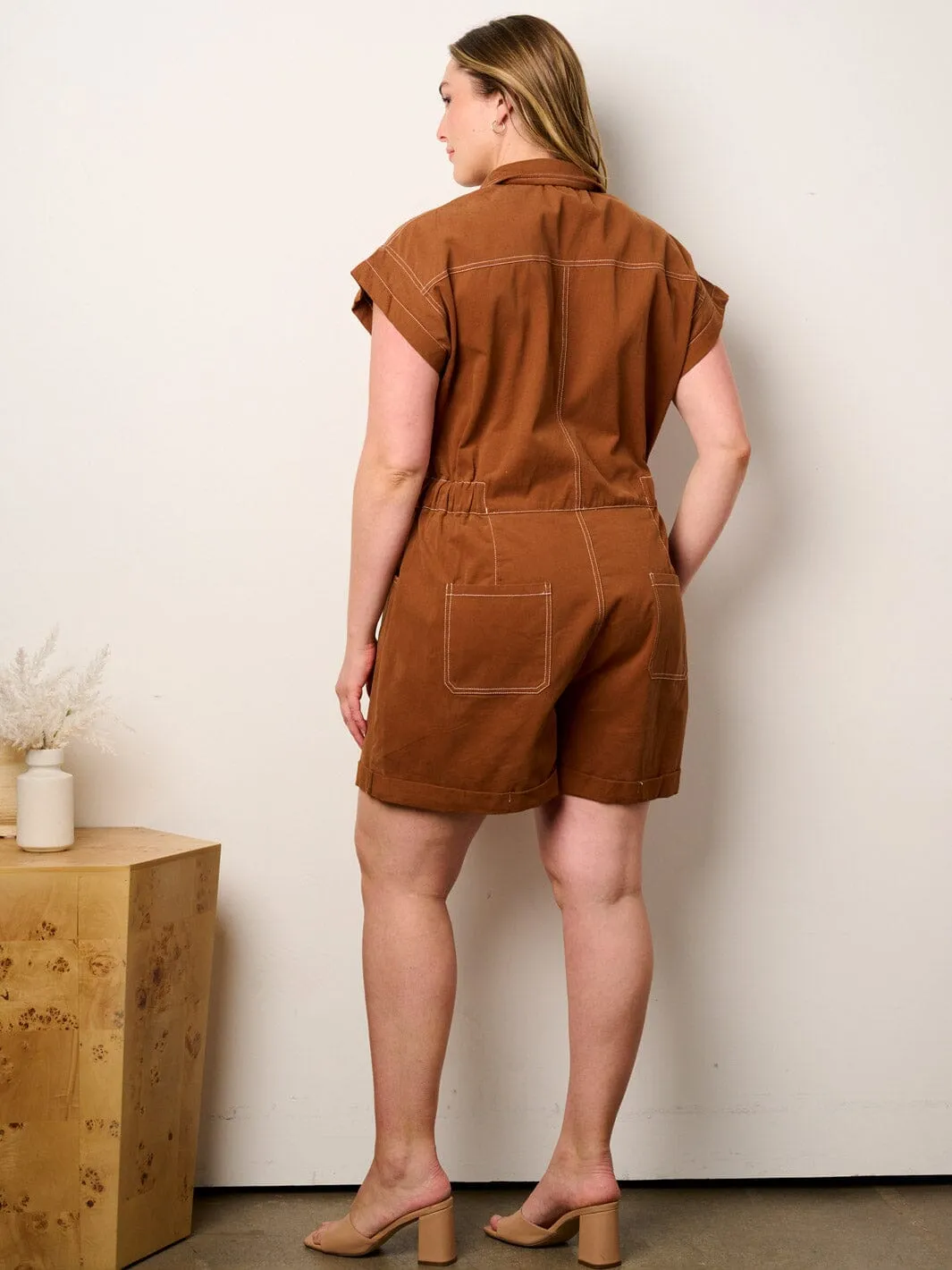 PLUS SIZE SHORT SLEEVE BUTTON UP FRONT POCKETS ROMPER