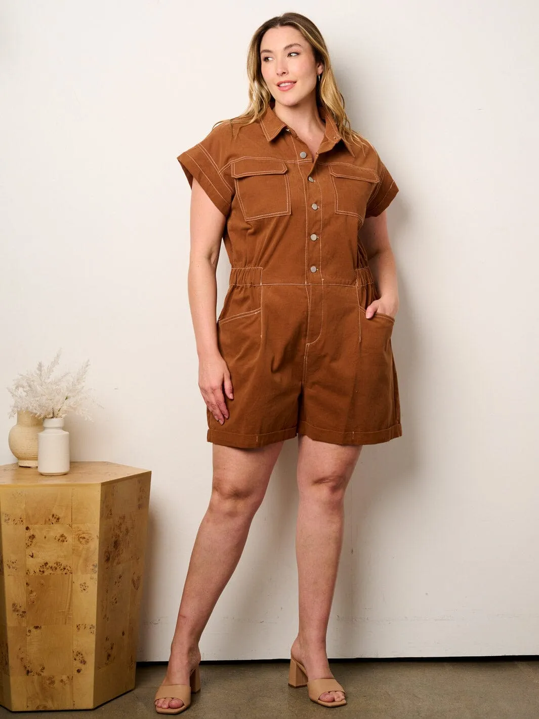 PLUS SIZE SHORT SLEEVE BUTTON UP FRONT POCKETS ROMPER