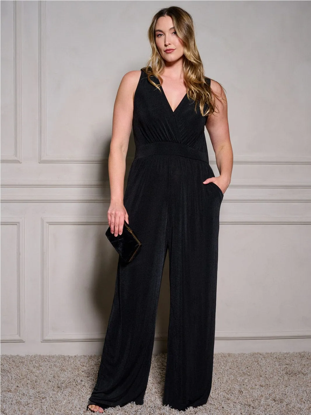PLUS SIZE SLEEVELESS SURPLICE POCKETS WIDE LEG JUMPSUIT