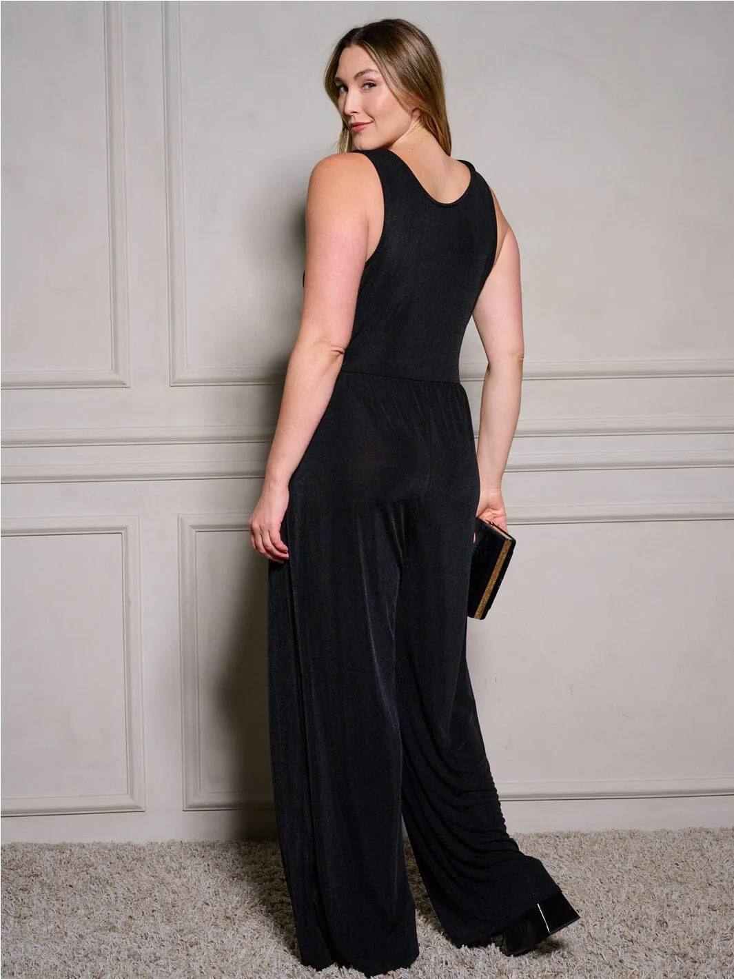 PLUS SIZE SLEEVELESS SURPLICE POCKETS WIDE LEG JUMPSUIT