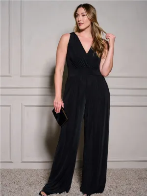 PLUS SIZE SLEEVELESS SURPLICE POCKETS WIDE LEG JUMPSUIT