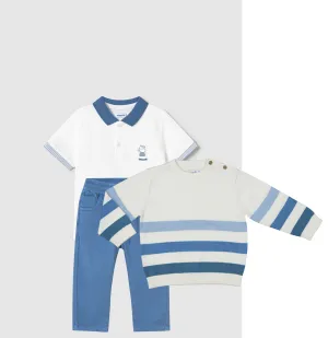 Pre-Order Mayoral 1108 White Polo Shirt, Mayoral 1579 Capri Blue Trousers and Mayoral 1301 Blue Stripe Jumper