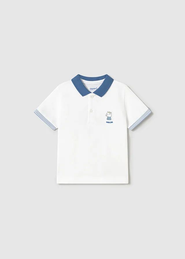 Pre-Order Mayoral 1108 White Polo Shirt, Mayoral 1579 Capri Blue Trousers and Mayoral 1301 Blue Stripe Jumper