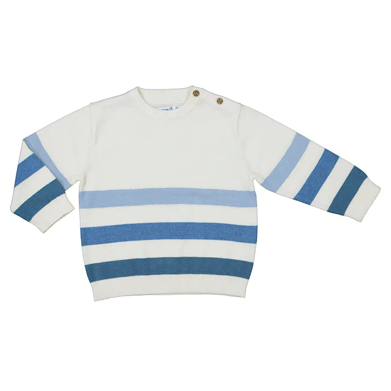 Pre-Order Mayoral 1108 White Polo Shirt, Mayoral 1579 Capri Blue Trousers and Mayoral 1301 Blue Stripe Jumper