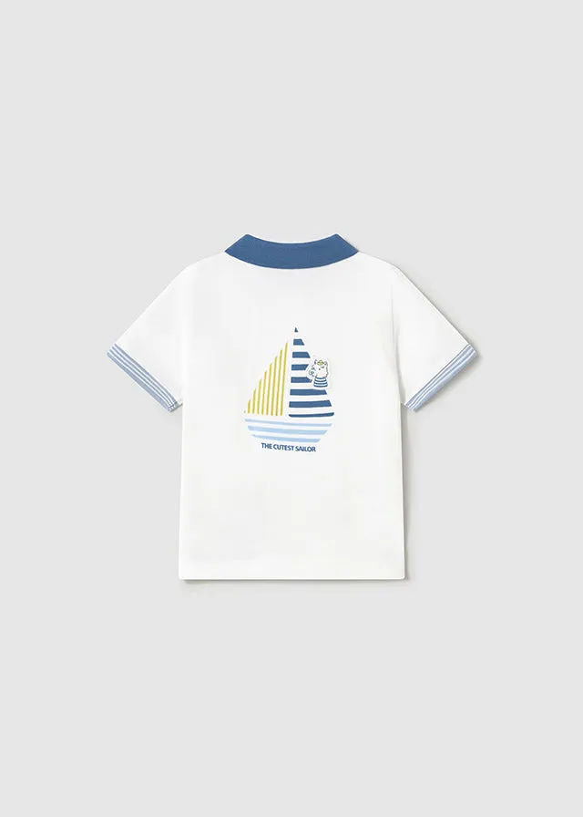 Pre-Order Mayoral 1108 White Polo Shirt, Mayoral 1579 Capri Blue Trousers and Mayoral 1301 Blue Stripe Jumper