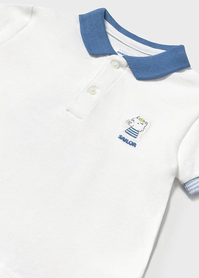 Pre-Order Mayoral 1108 White Polo Shirt, Mayoral 1579 Capri Blue Trousers and Mayoral 1301 Blue Stripe Jumper
