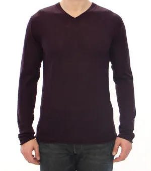 Purple Virgin Wool Logo V-neck Sweater