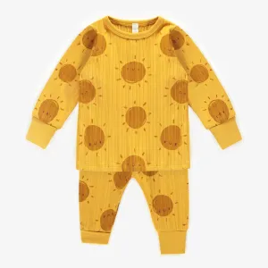 Pyjama deux-pièces jaune à motifs coton, naissance || Yellow patterned two-piece pajamas in cotton, newborn