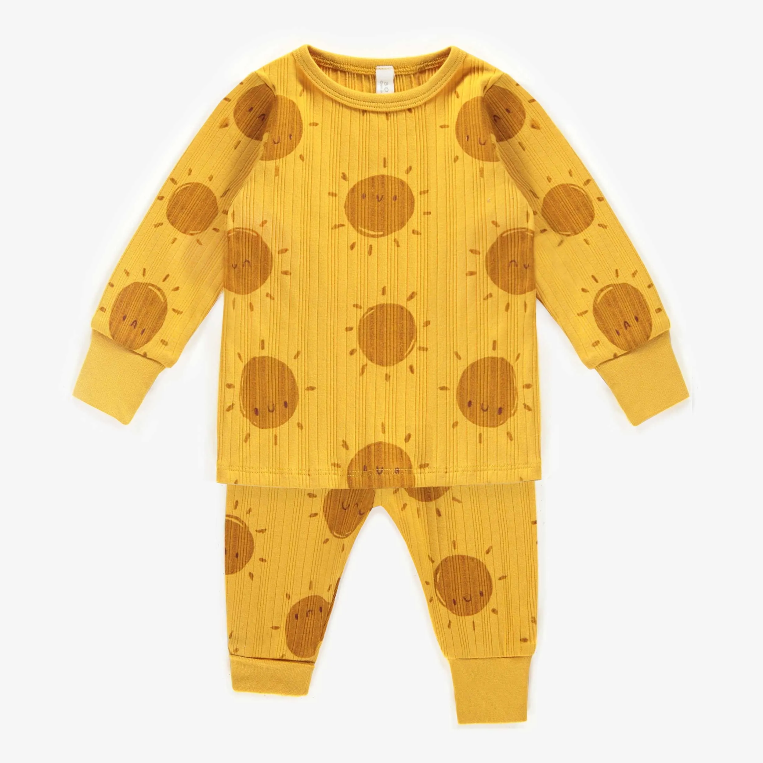 Pyjama deux-pièces jaune à motifs coton, naissance || Yellow patterned two-piece pajamas in cotton, newborn