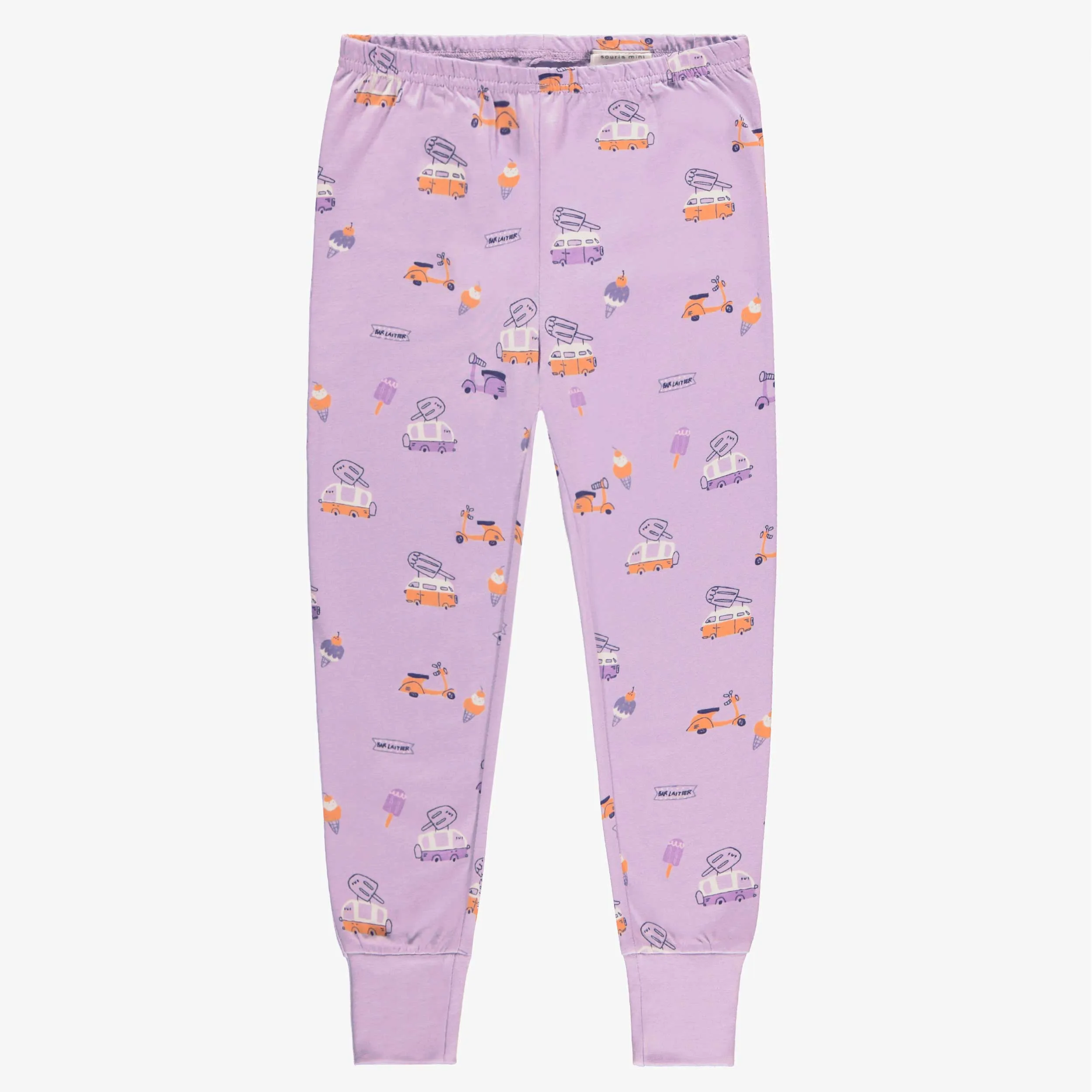 Pyjama deux pièces lilas et crème à motifs et illustration, enfant || Two piece lilac and cream pajamas with all over print and illustration, child