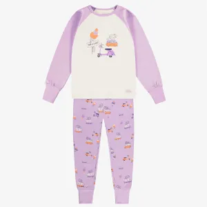 Pyjama deux pièces lilas et crème à motifs et illustration, enfant || Two piece lilac and cream pajamas with all over print and illustration, child