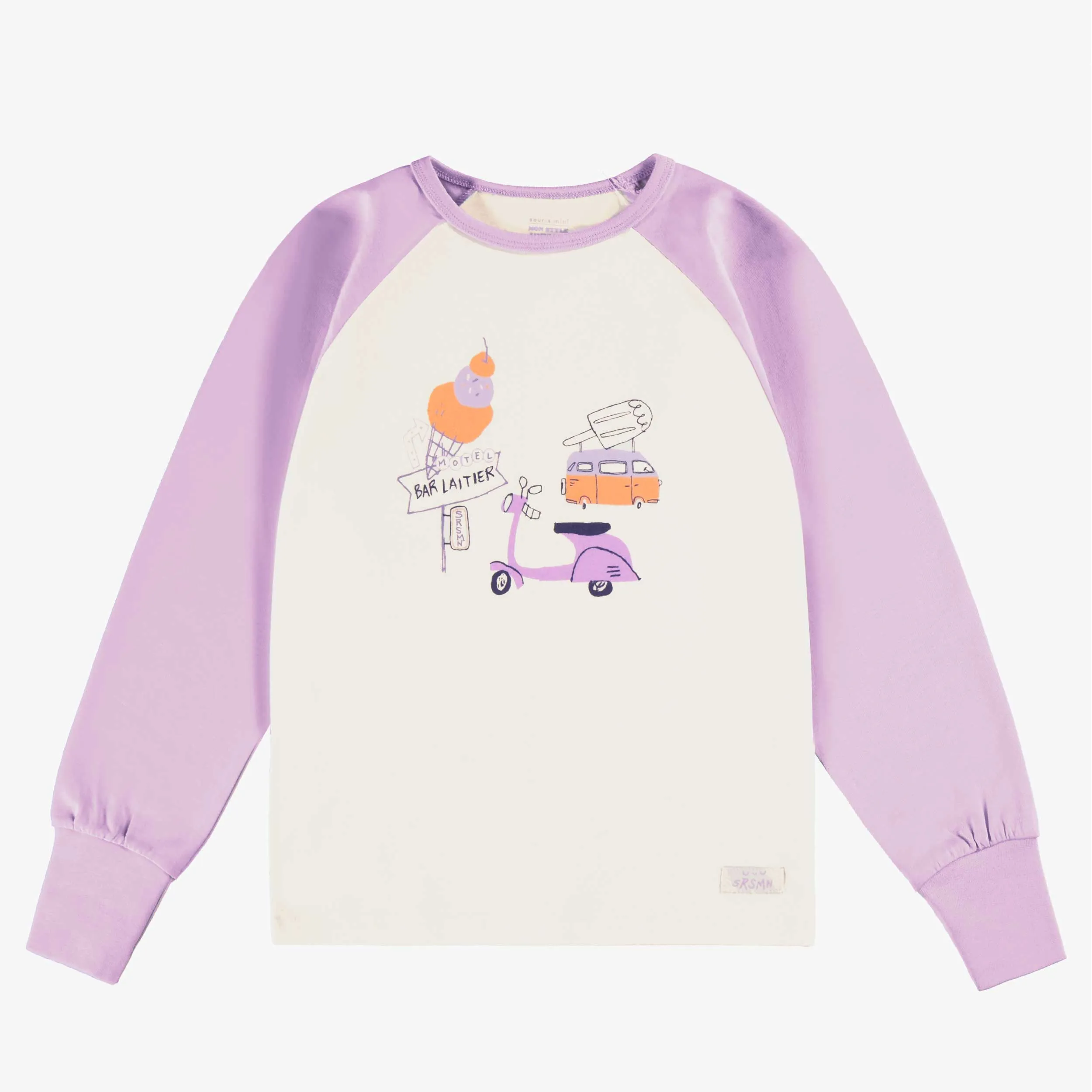 Pyjama deux pièces lilas et crème à motifs et illustration, enfant || Two piece lilac and cream pajamas with all over print and illustration, child