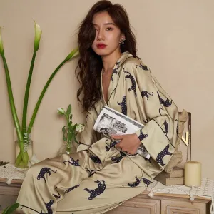 QSROCIO High Quality Women's Pajamas Set Luxury Leopard Print Loose Top Sleepwear Silk Like Nightwear Leisure Homewear Femme