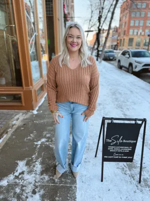 Raised Rib V Neck Sweater-Camel