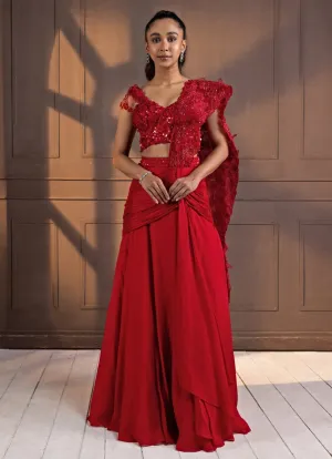 Red Sequinned Draped Chiffon Saree