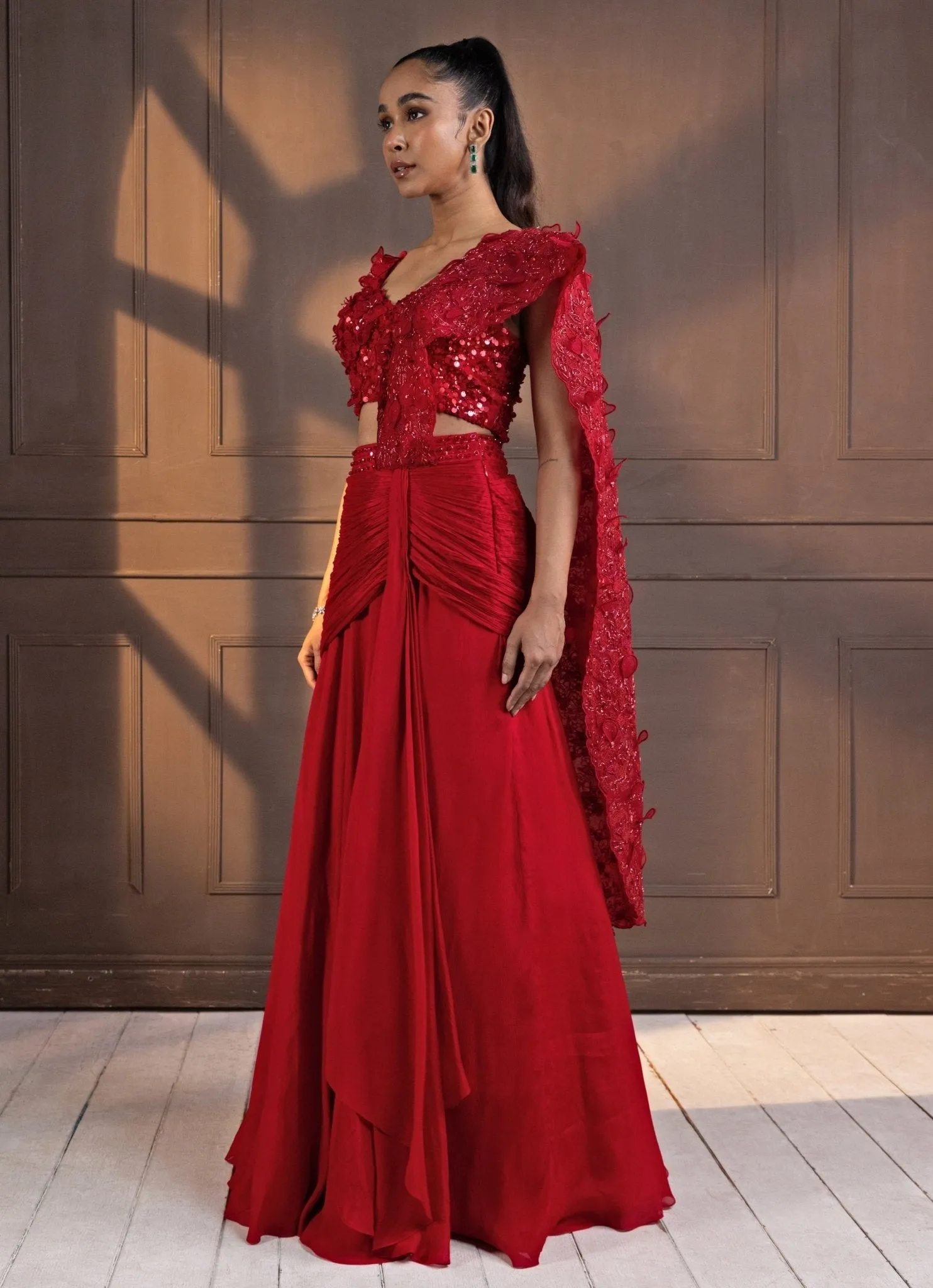 Red Sequinned Draped Chiffon Saree