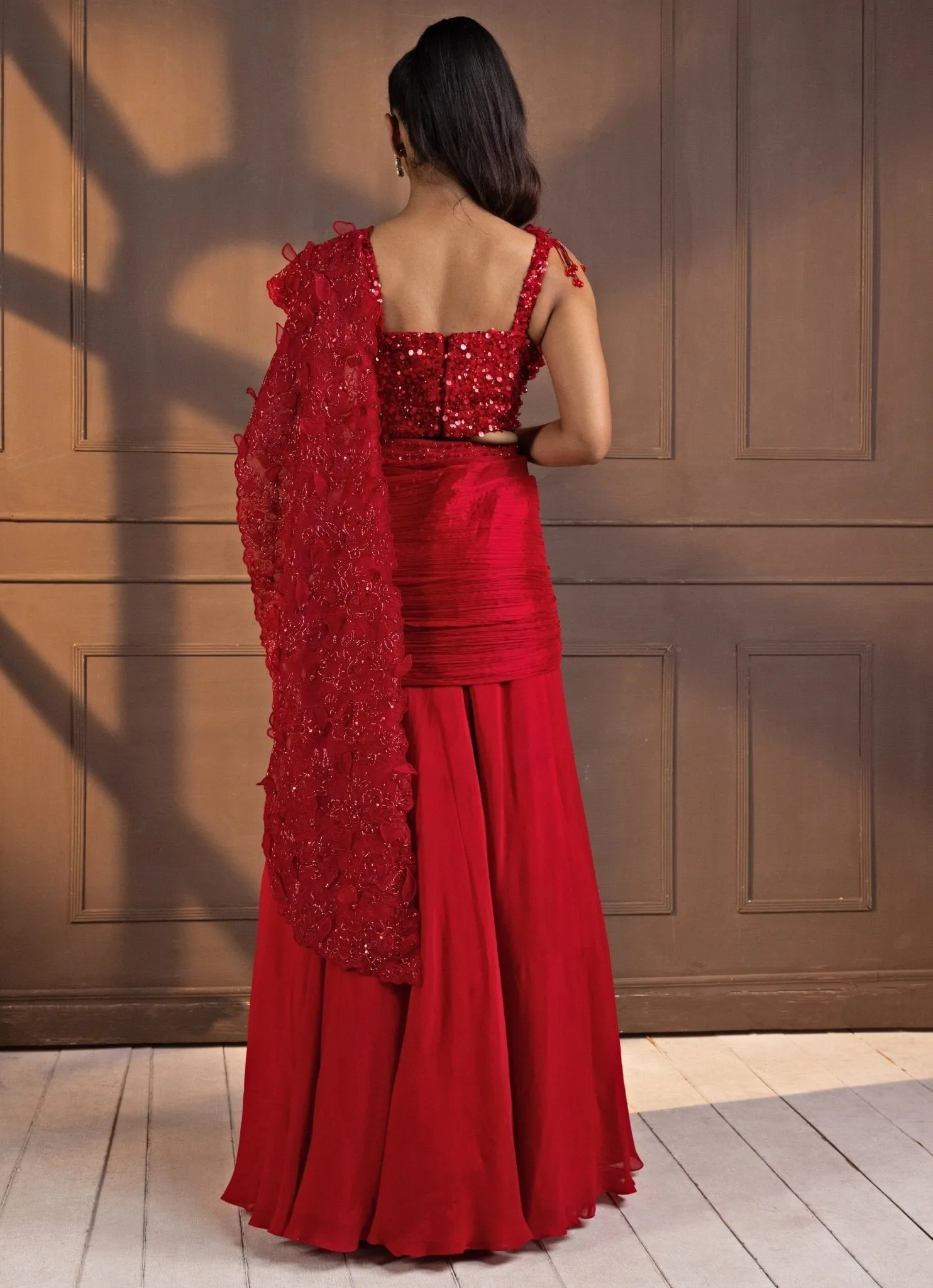 Red Sequinned Draped Chiffon Saree