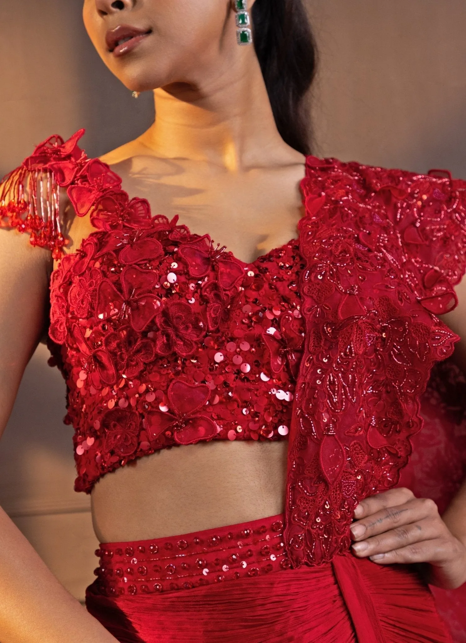 Red Sequinned Draped Chiffon Saree