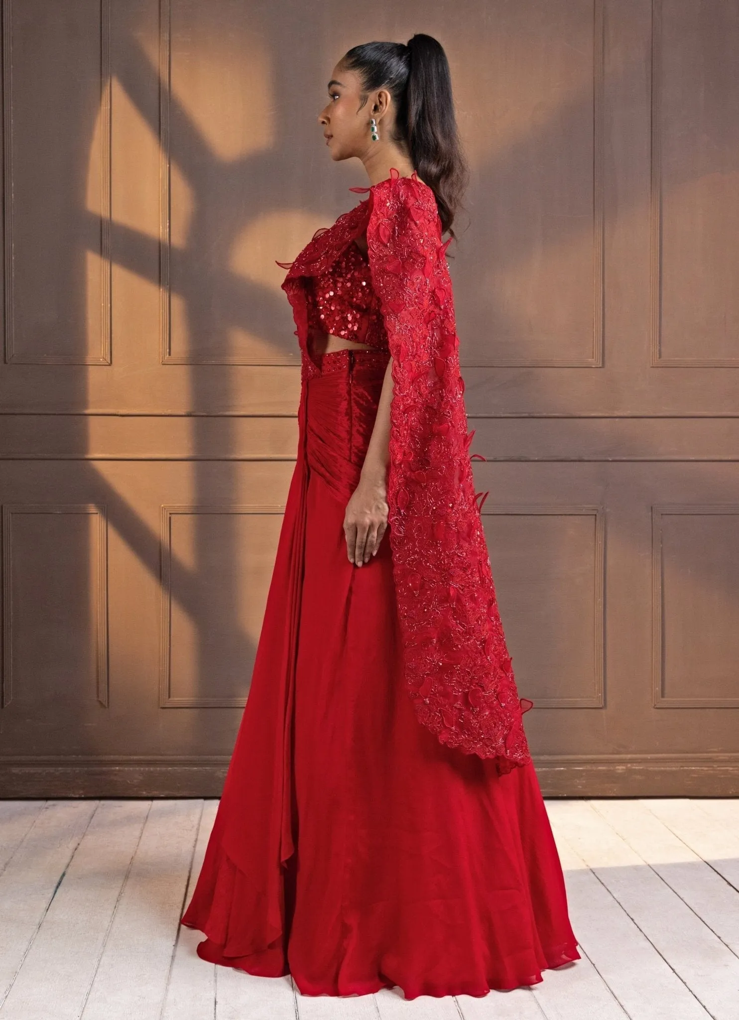 Red Sequinned Draped Chiffon Saree