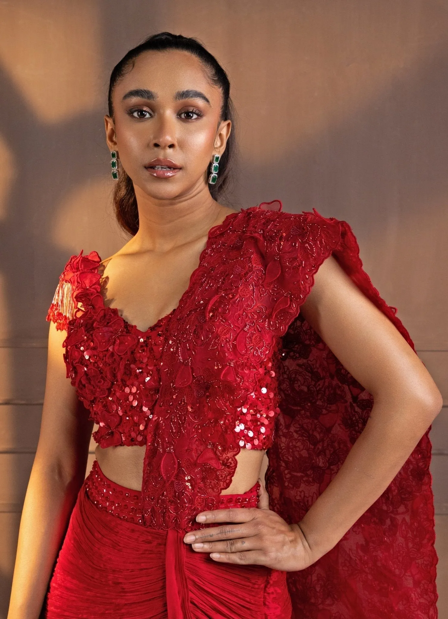 Red Sequinned Draped Chiffon Saree