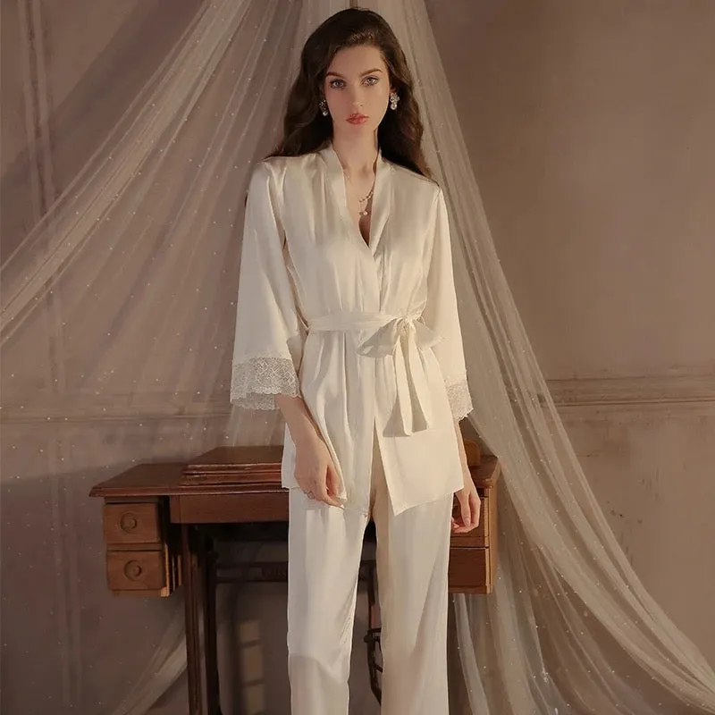 Reserva Silk Mesh Long Pants Pajamas 3 Set - White