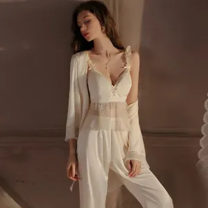 Reserva Silk Mesh Long Pants Pajamas 3 Set - White