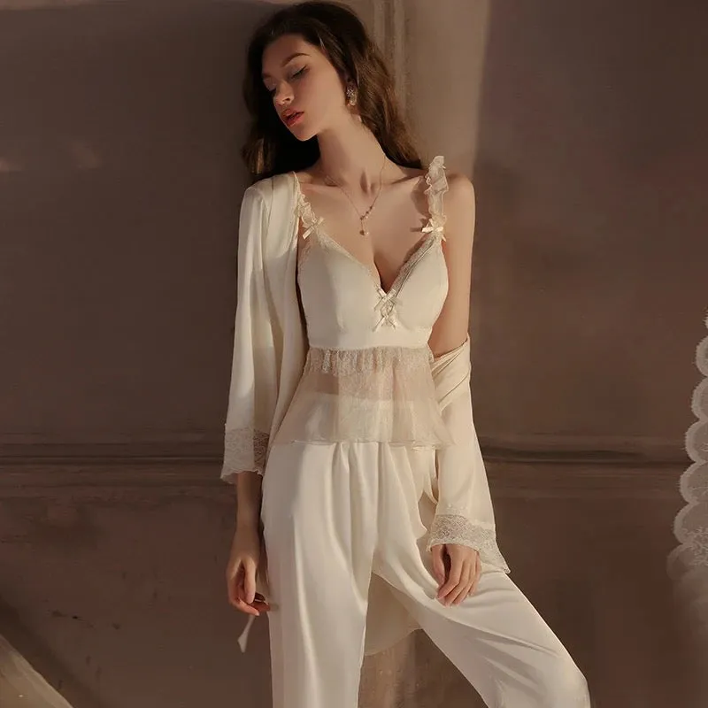 Reserva Silk Mesh Long Pants Pajamas 3 Set - White