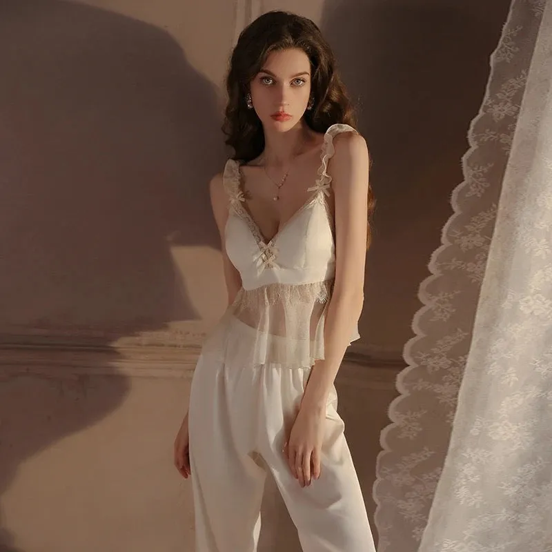 Reserva Silk Mesh Long Pants Pajamas 3 Set - White