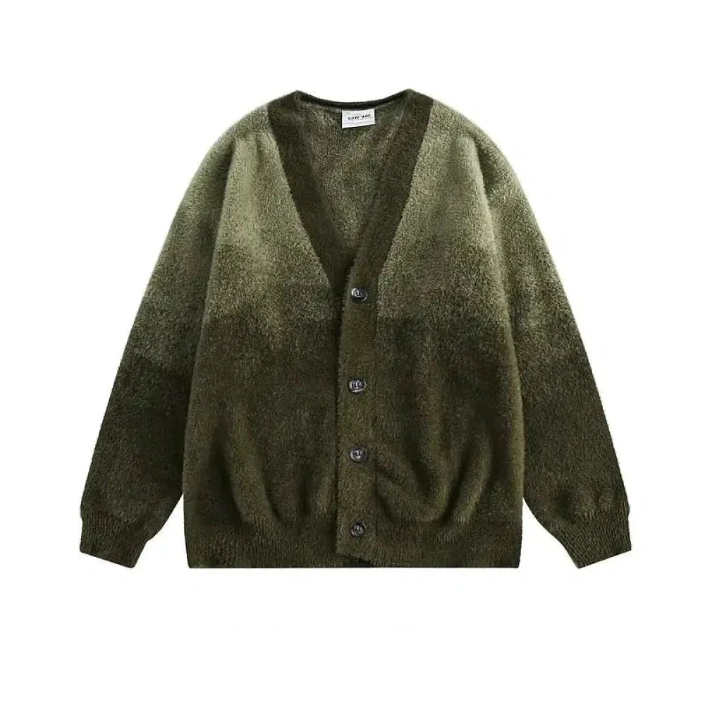 Retro Gradient Plush V-neck Cardigan Sweater