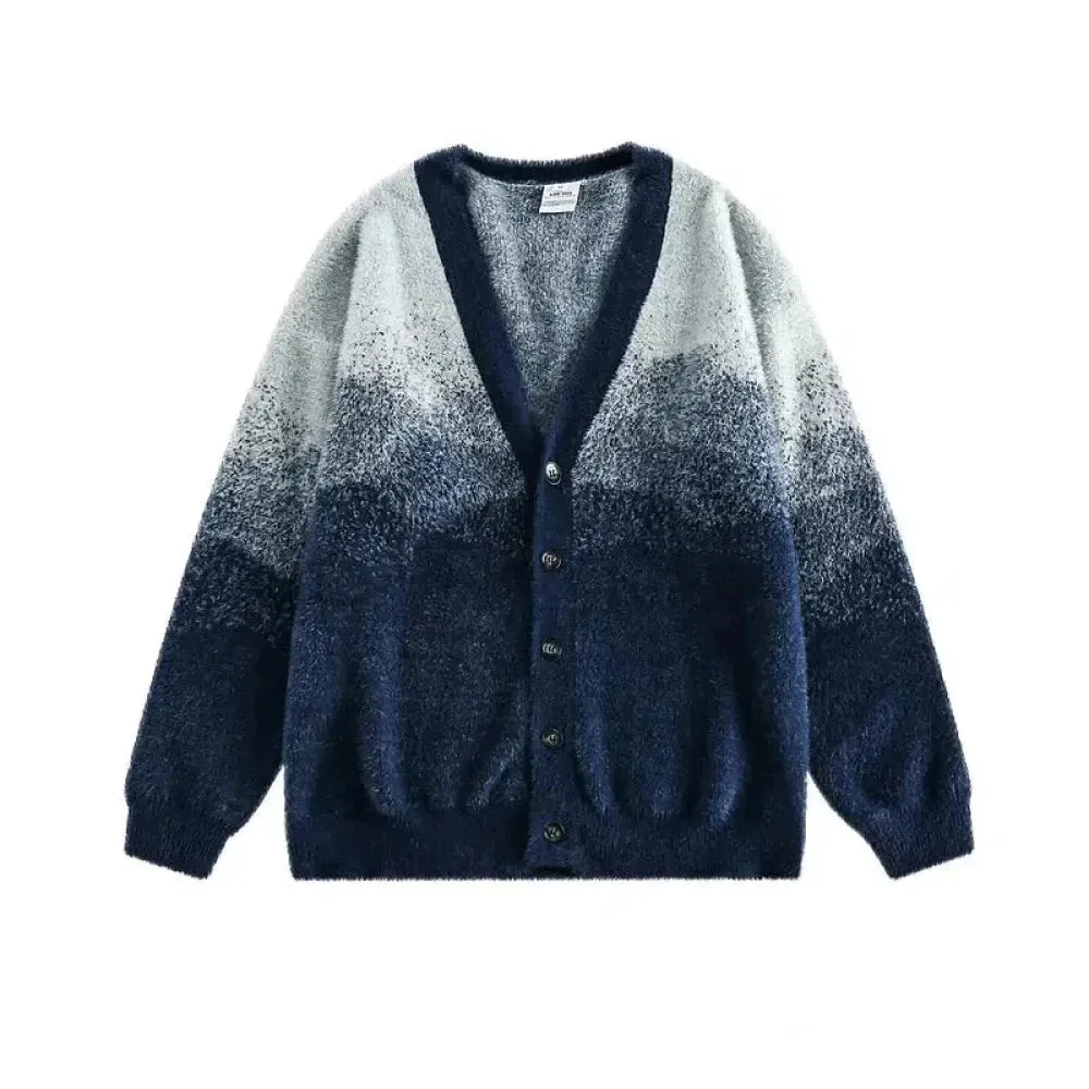 Retro Gradient Plush V-neck Cardigan Sweater