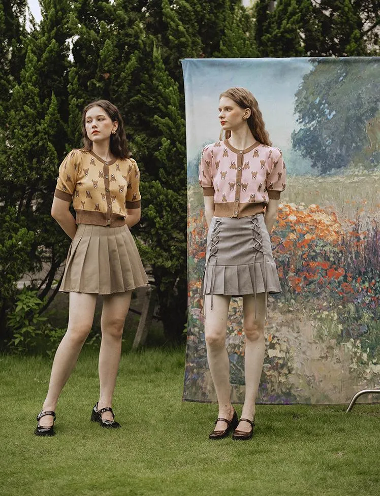 Retro Khaki Pleated Mini Skirts