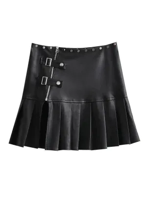 Retro Leather Pleated Skirt