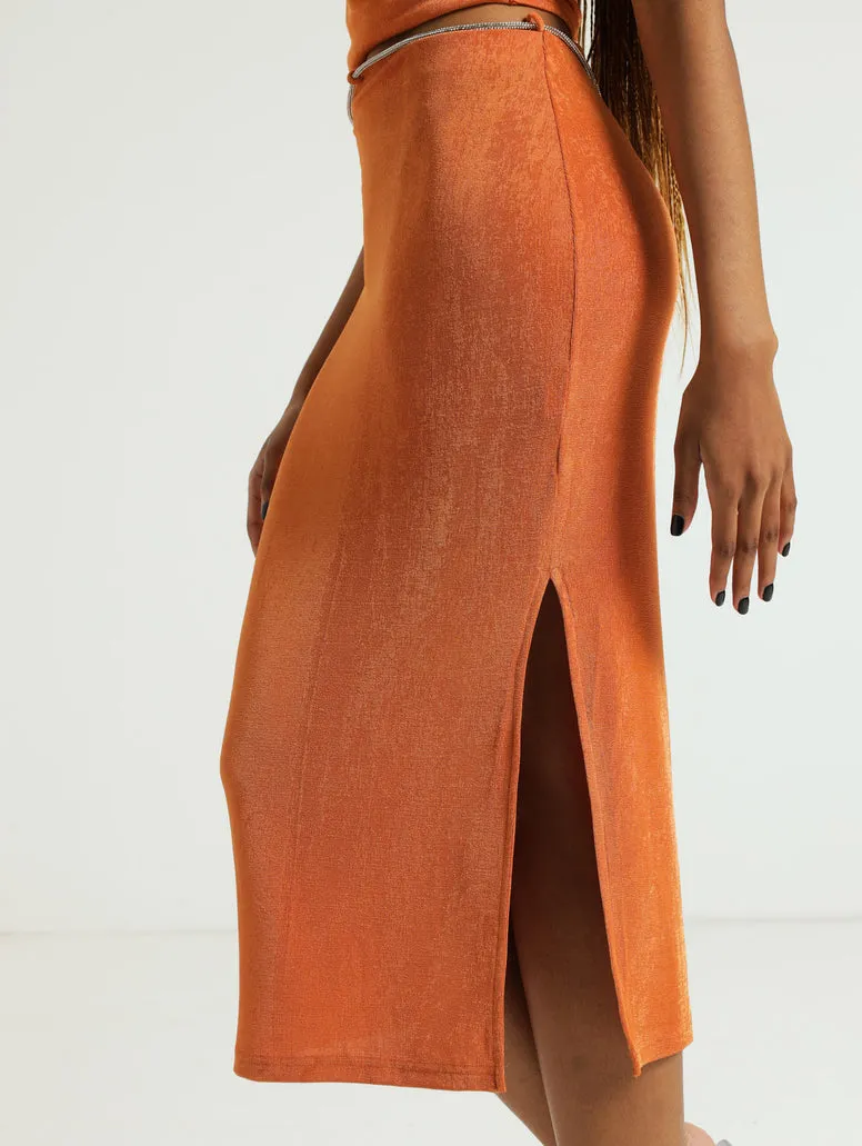 Rhinestone Trim Bodycon Skirt - Orange