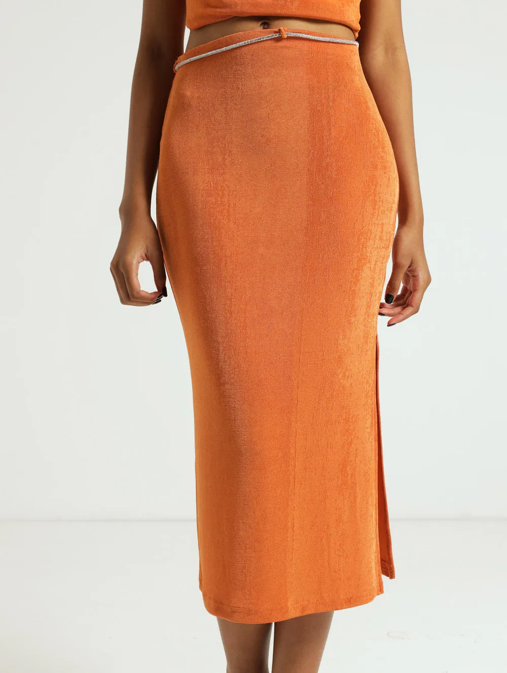 Rhinestone Trim Bodycon Skirt - Orange
