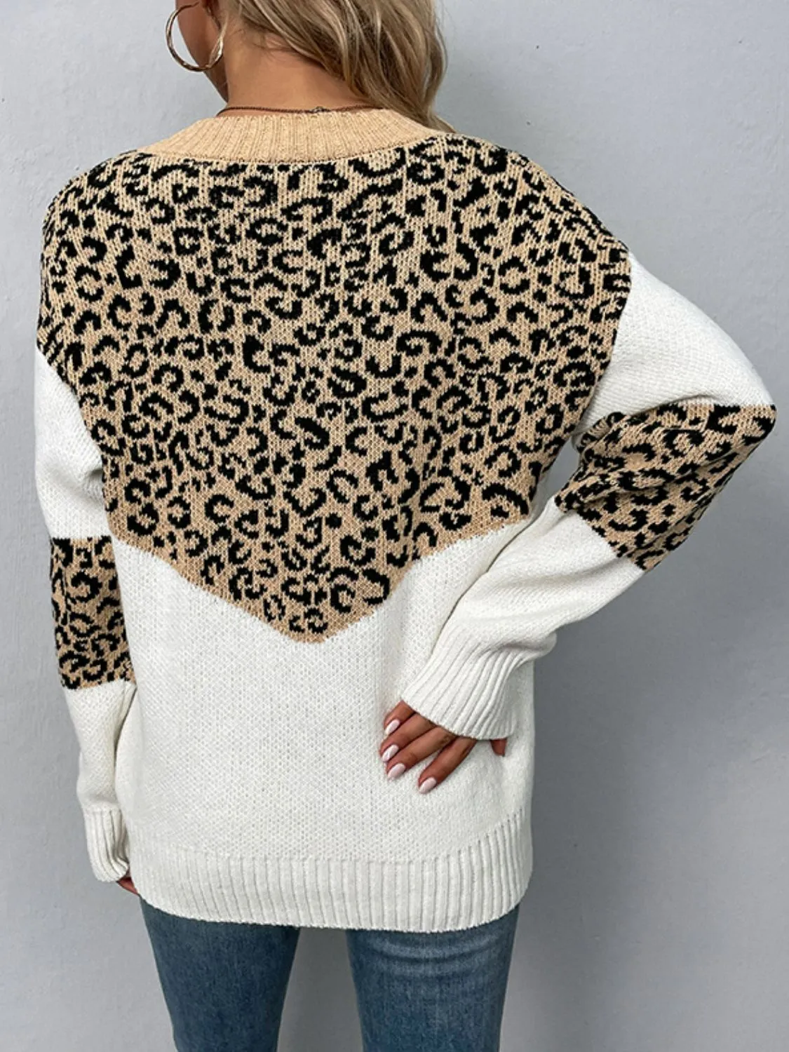 Rosaline Leopard V-Neck Dropped Shoulder Sweater