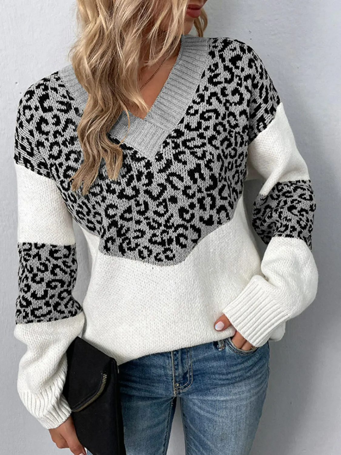 Rosaline Leopard V-Neck Dropped Shoulder Sweater