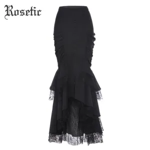 Rosetic Gothic Mermaid Skirt Women Autumn Black Lace Goth Trumpet Bottoms Fishtail Fashion Bodycon Vintage Gothic Mermaid Skirts
