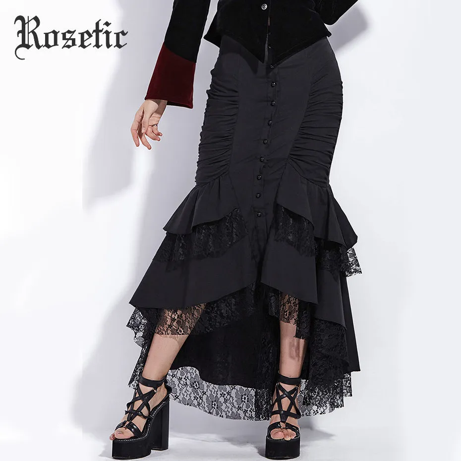 Rosetic Gothic Mermaid Skirt Women Autumn Black Lace Goth Trumpet Bottoms Fishtail Fashion Bodycon Vintage Gothic Mermaid Skirts