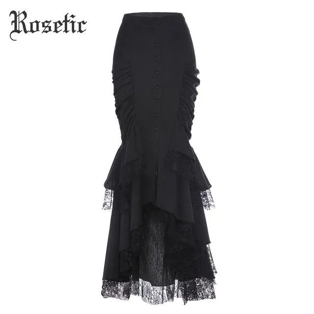 Rosetic Gothic Mermaid Skirt Women Autumn Black Lace Goth Trumpet Bottoms Fishtail Fashion Bodycon Vintage Gothic Mermaid Skirts