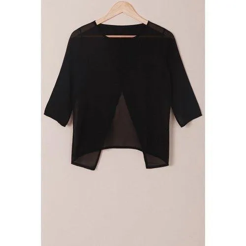 Round Neck 3/4 Sleeve Furcal Short Chiffon Blouse - Black S
