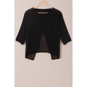 Round Neck 3/4 Sleeve Furcal Short Chiffon Blouse - Black S
