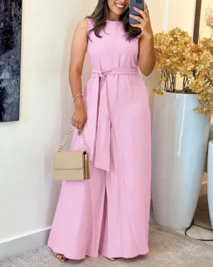 Round Neck Sleeveless Plain Belted Wide Leg Jumpsuit