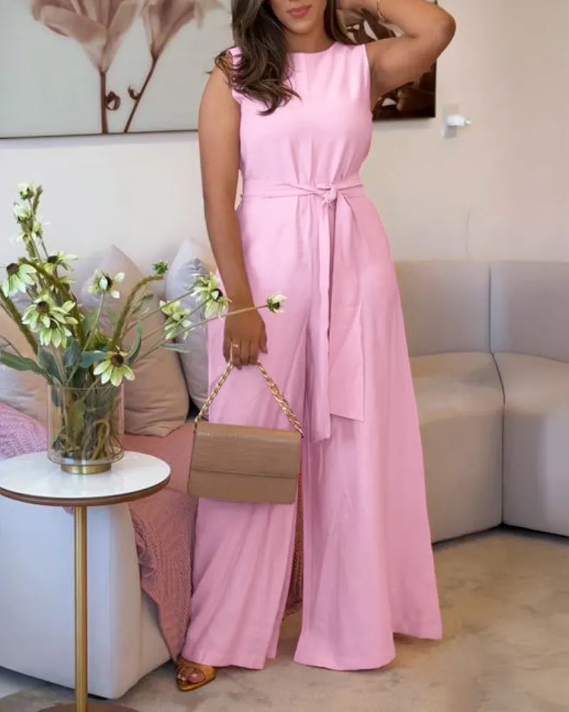 Round Neck Sleeveless Plain Belted Wide Leg Jumpsuit