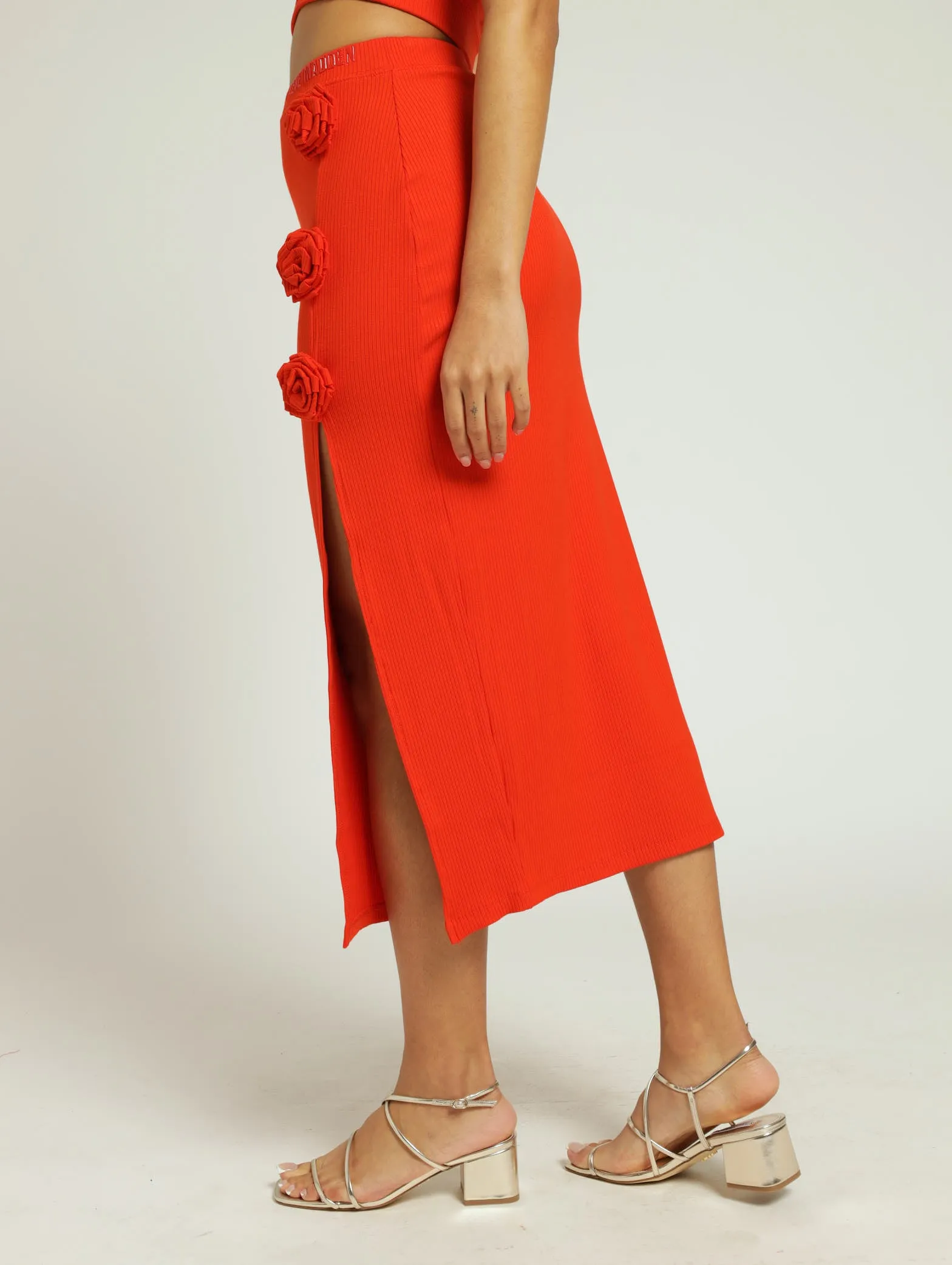 Sadie Bodycon Skirt With Rose - Tangerine