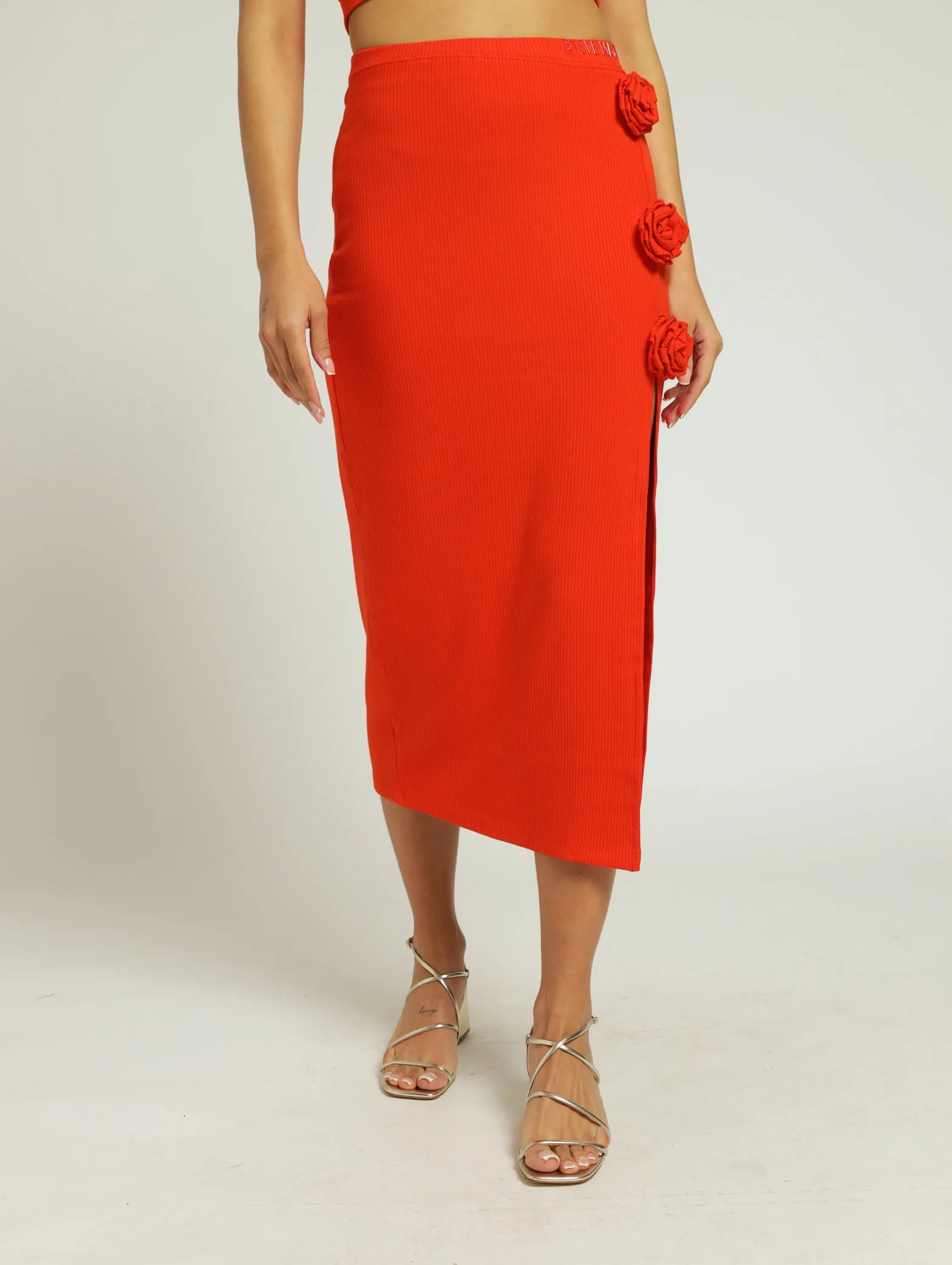 Sadie Bodycon Skirt With Rose - Tangerine