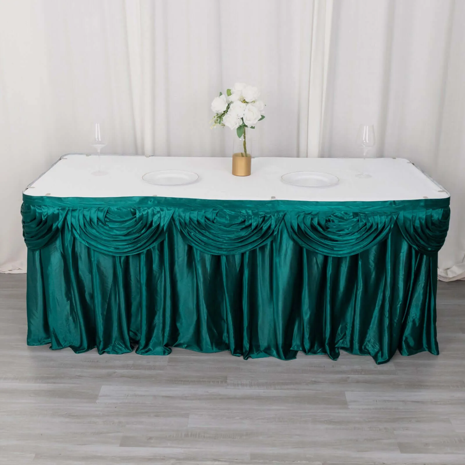 Satin 14ft Table Skirt Peacock Teal - Pleated Double Drape Table Cover