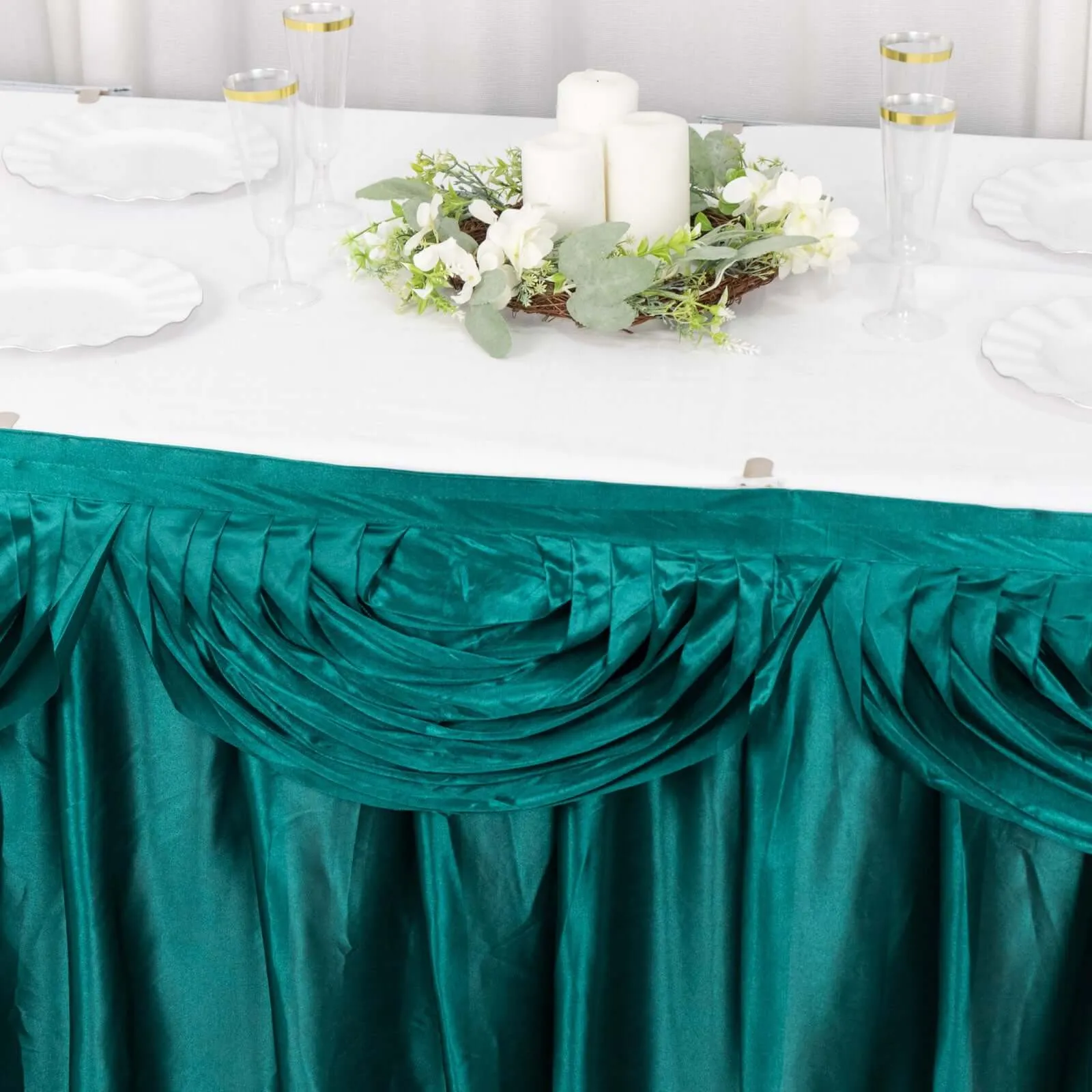 Satin 14ft Table Skirt Peacock Teal - Pleated Double Drape Table Cover