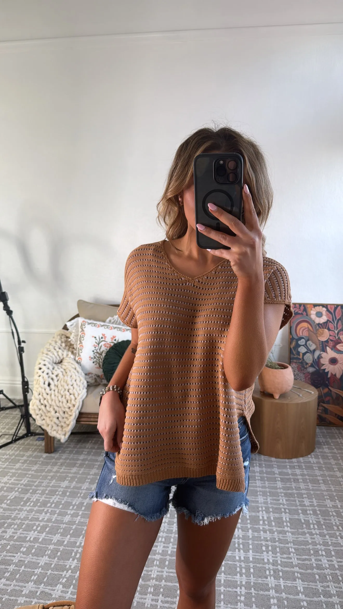 Say Less Short Sleeve Sweater Top, Camel/Pink