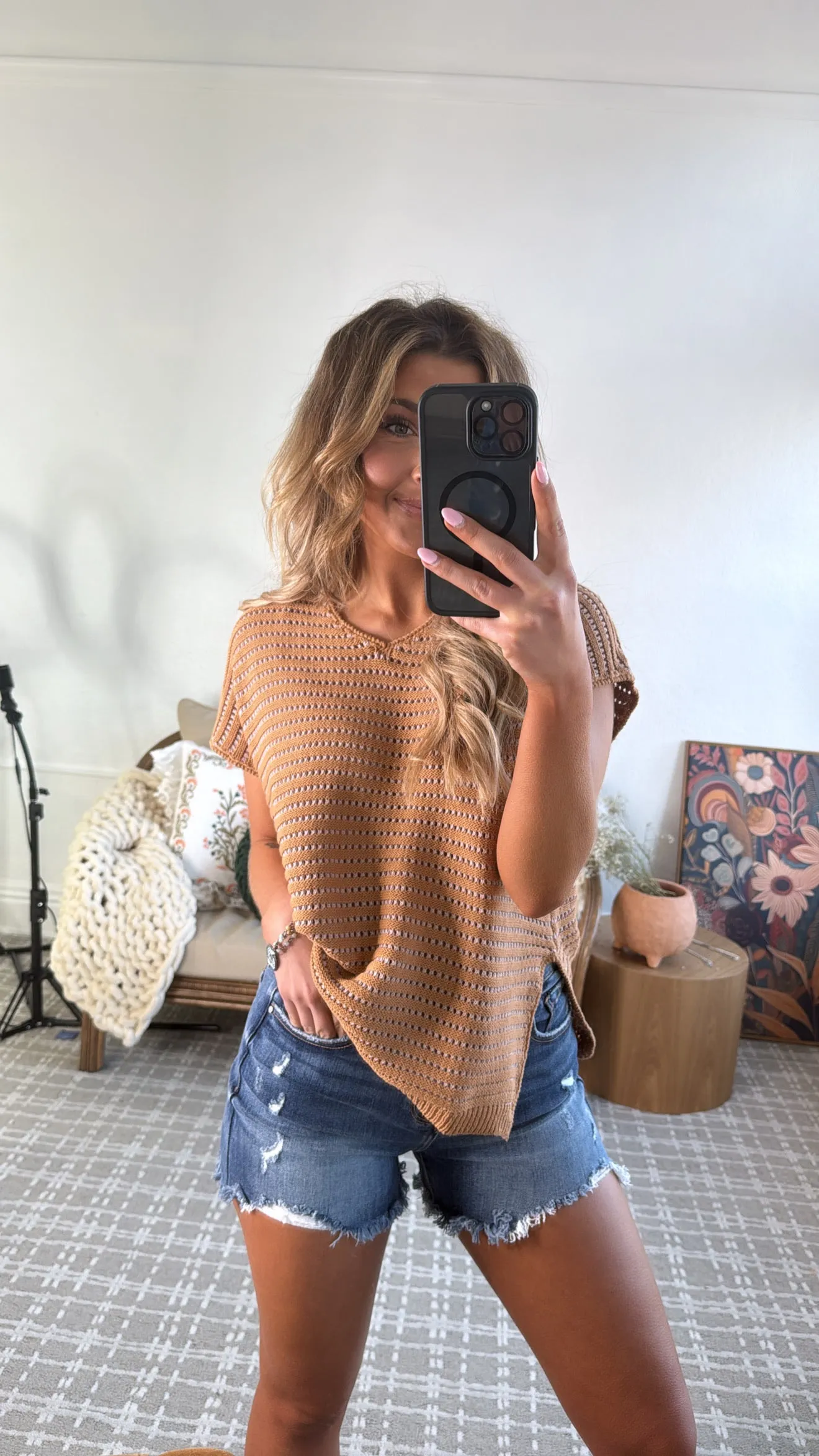 Say Less Short Sleeve Sweater Top, Camel/Pink