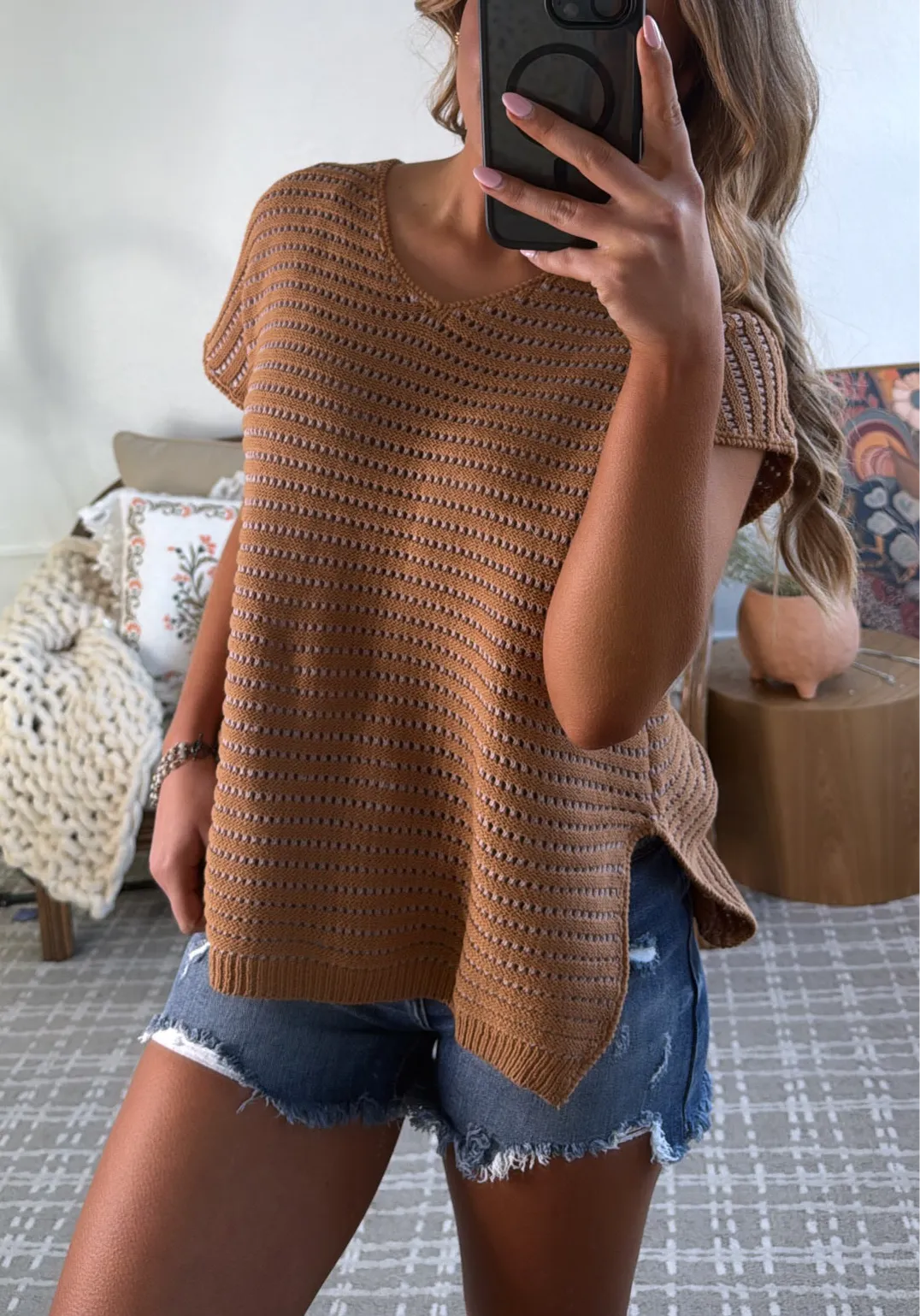 Say Less Short Sleeve Sweater Top, Camel/Pink
